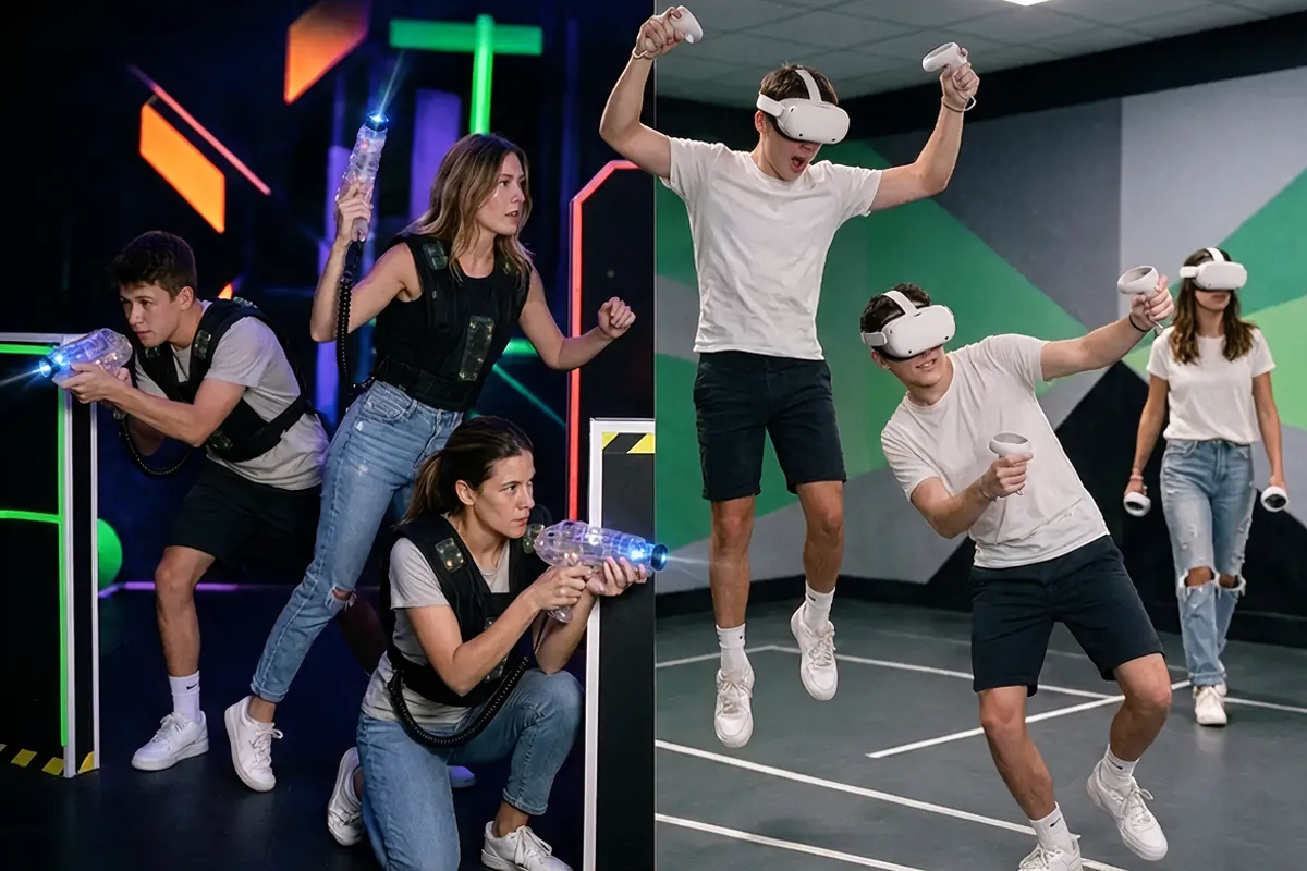 Adolescentes jugando al laser game y a la realidad virtual en Alfazone