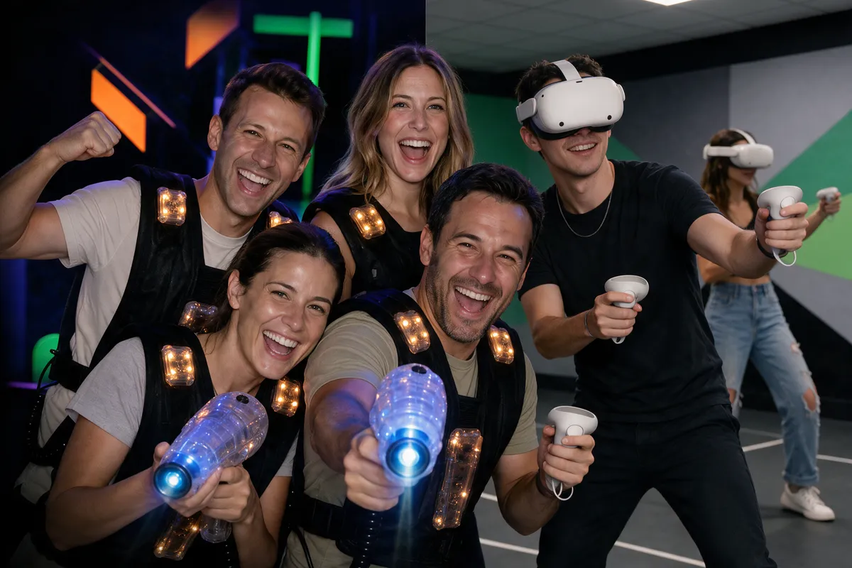 Grupo de adultos celebrando un cumpleaños con laser game y realidad virtual en Alfazone
