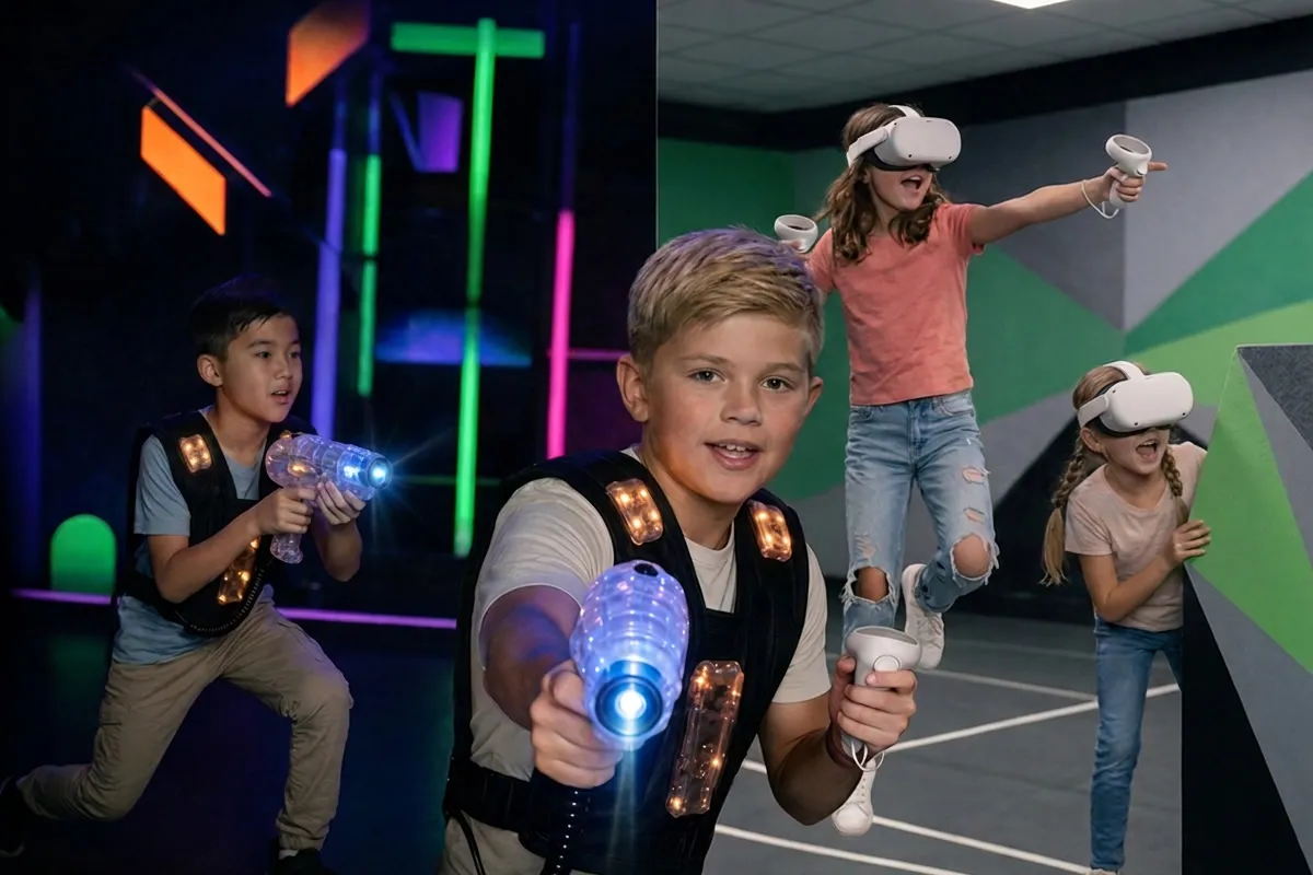 Niños jugando al laser game y a la realidad virtual en un cumpleaños en Alfazone