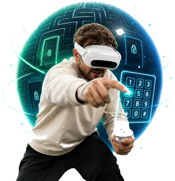 Jugador resolviendo un escape room en realidad virtual en Alfazone (Alfafar, Valencia)
