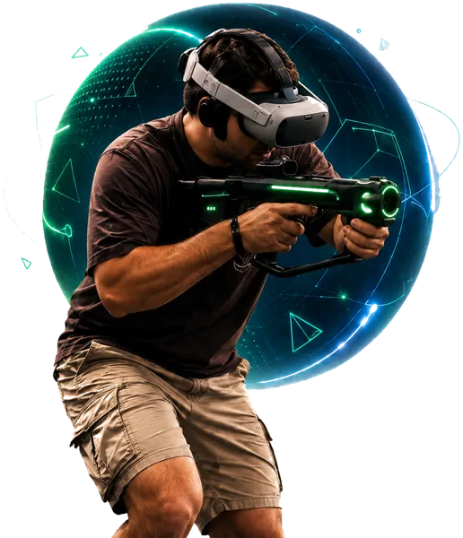 Jugador con gafas y rifle de realidad virtual en la arena de movimiento libre de Alfazone, Valencia