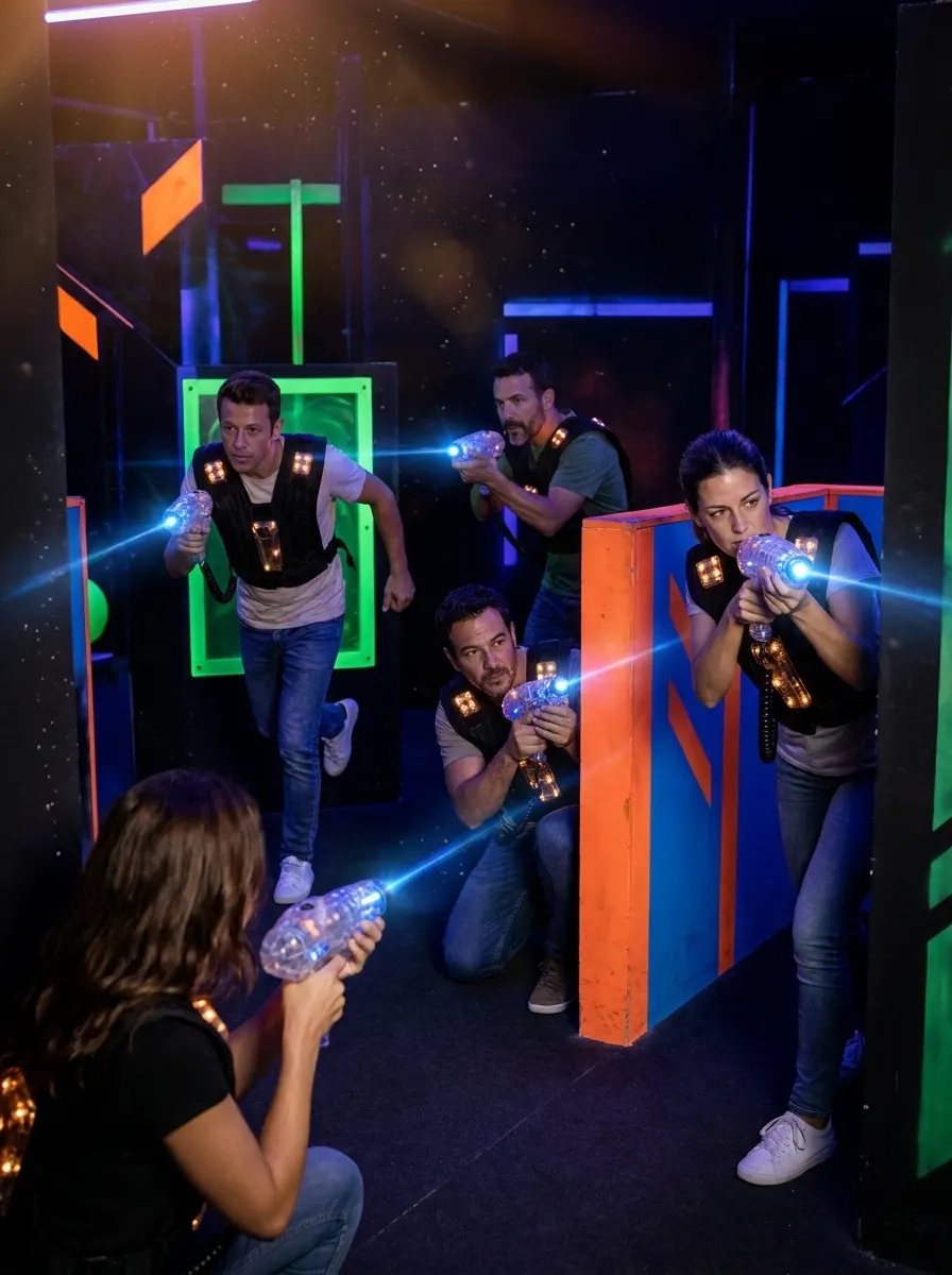 Team moving in formation between the neon maze walls, blasters ready