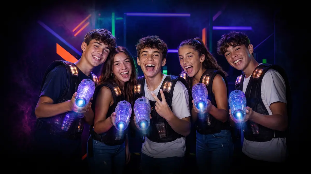 Group of teens celebrating with their blasters in the neon arena