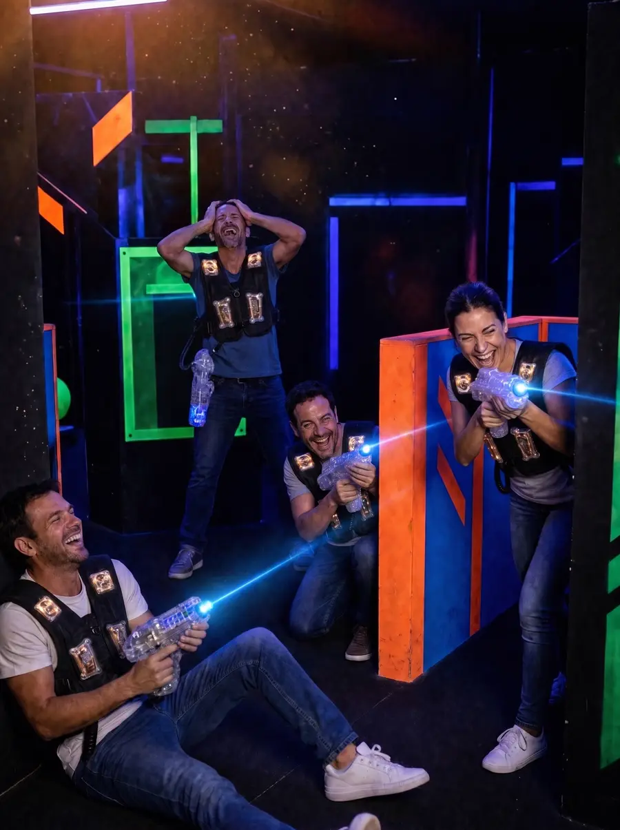 Group laughing mid-duel inside the neon maze