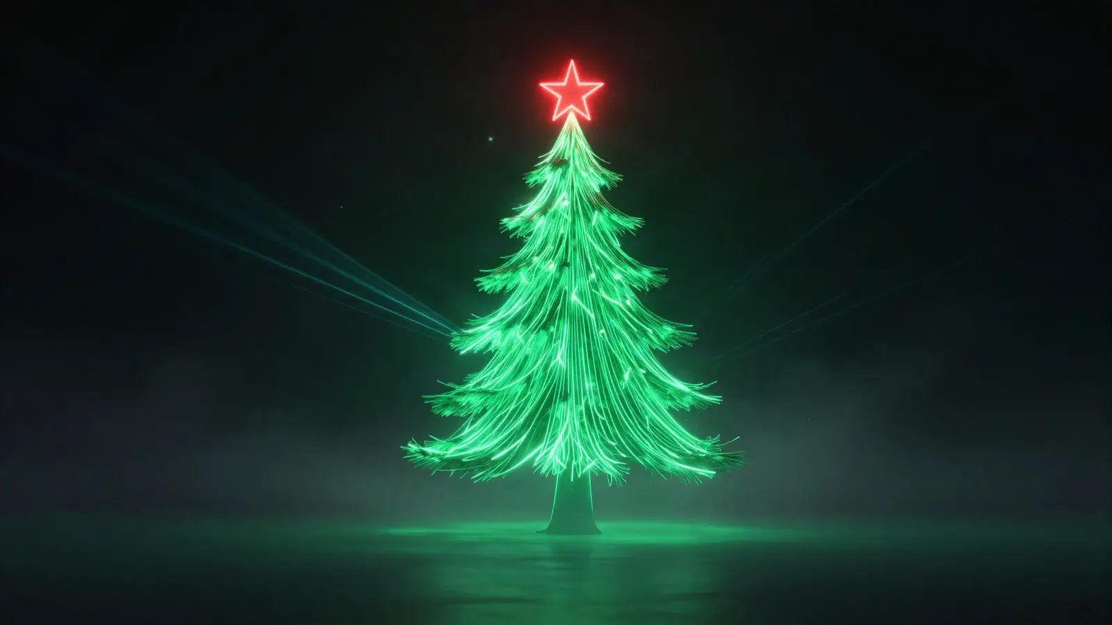 Sapin dessiné en lignes laser vertes avec une étoile rouge dans la brume