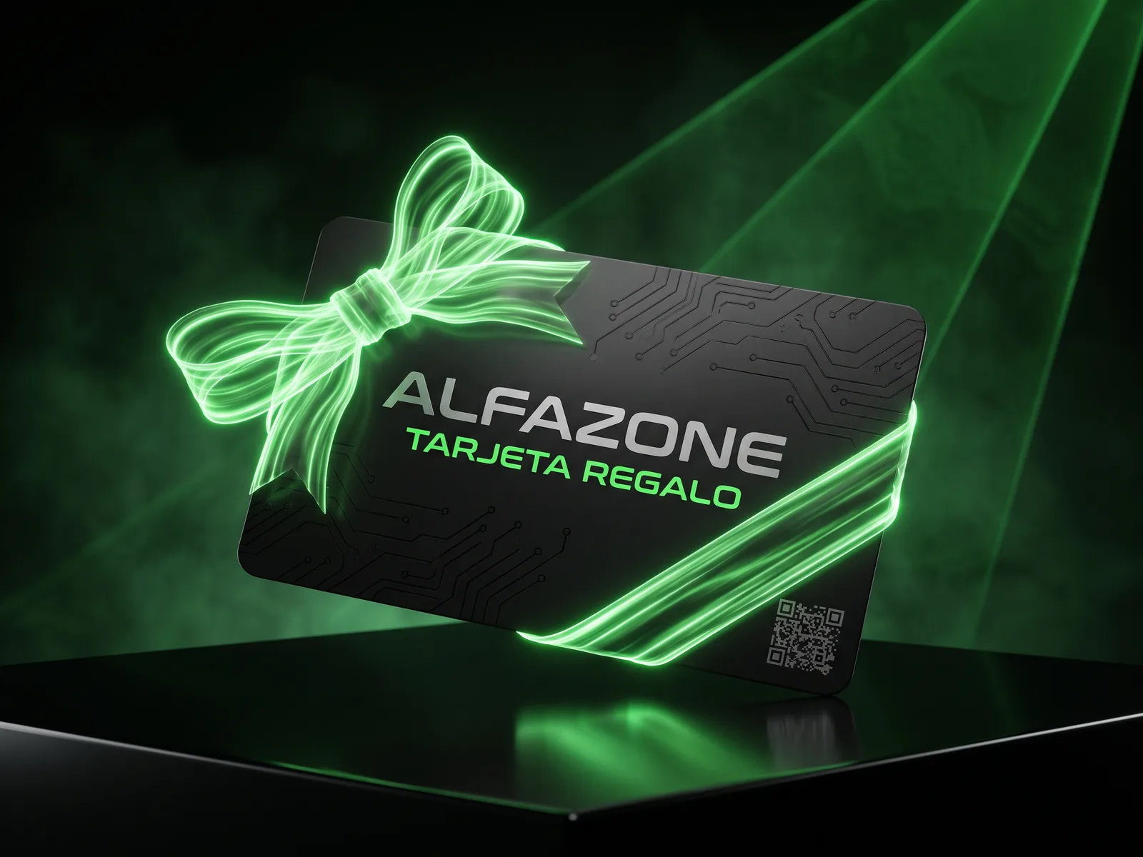 Tarjeta regalo de Alfazone: tarjeta negra con lazo de luz láser verde y código QR