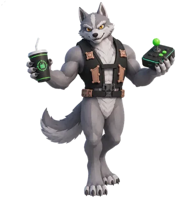 Lobo de Alfazone con un refresco y un mando en el bar y la zona arcade