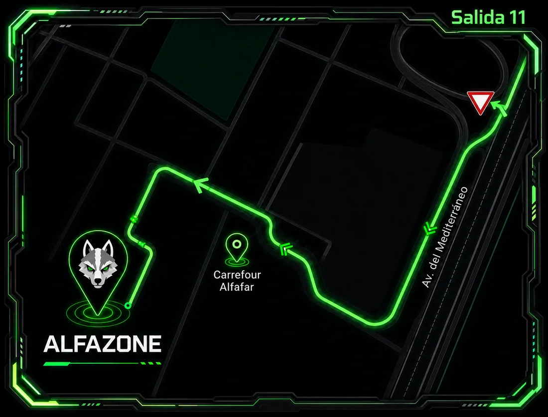 Mapa de la ruta hasta Alfazone: salida 11 de la avenida del Mediterráneo y, pasado el Carrefour de Alfafar, hasta la puerta