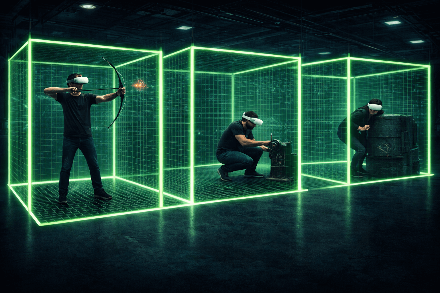 Cabina (Room Scale) en Alfazone: cada jugador juega en su estación individual con gafas y mandos