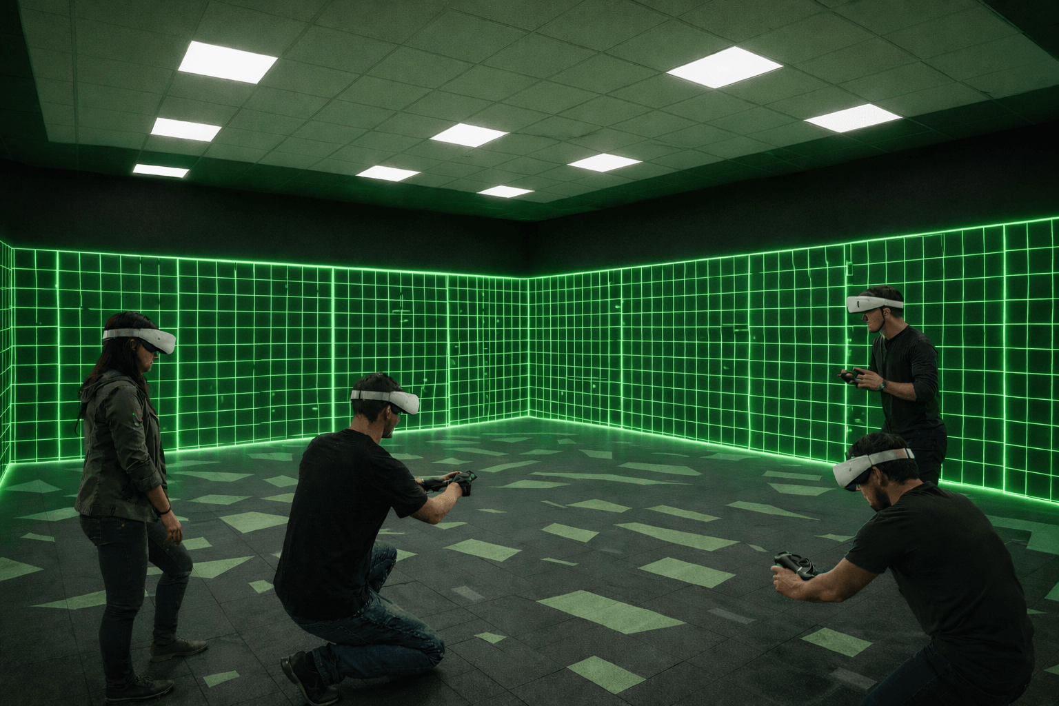 Escape Room VR Free Roam en Alfazone: personas jugando con movimiento libre en la sala